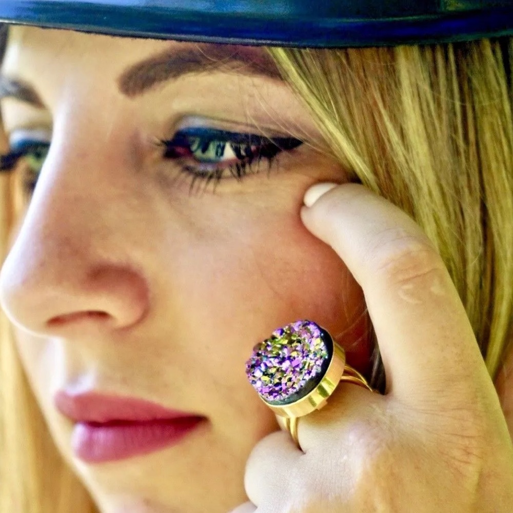 Natural Druzy Gemstone Genuine Agate Ring Sparkle